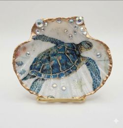Decorated Sea Turtle Scallop Shell Art Piece Trinket Dish