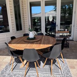 Modway Wellspring 63" Round Teak Patio Table, (8) Chairs and Bar Cart