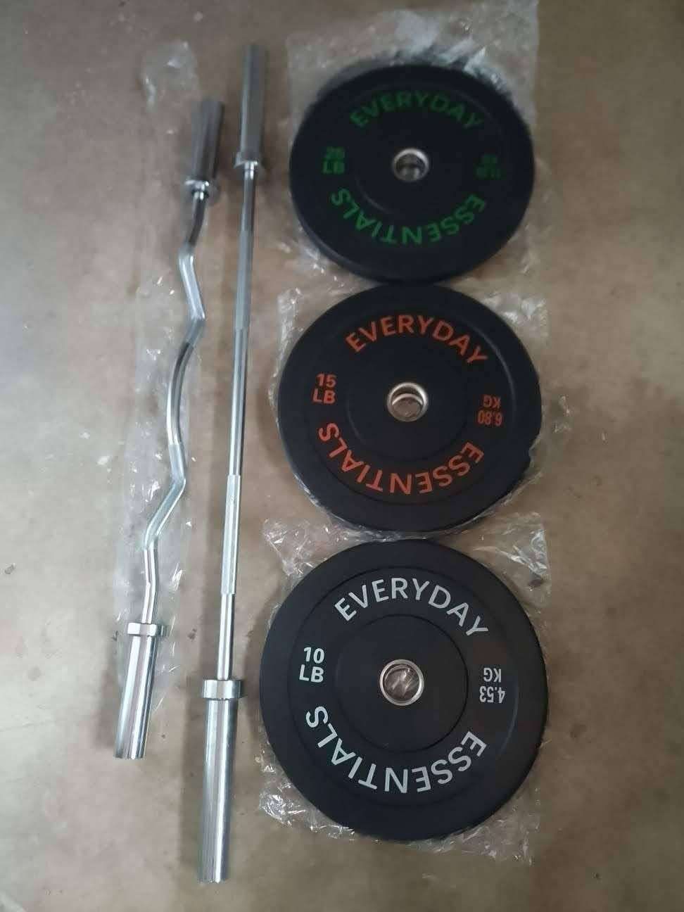 Curl bar, Olympic bar, bumper plates, bench, steel weights, weight tree