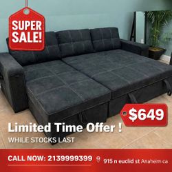 95"W Black Woven Fabric Reversible Sleeper Sectional Sofa with Storage Chaise Cup Holder Charging Ports and Pockets