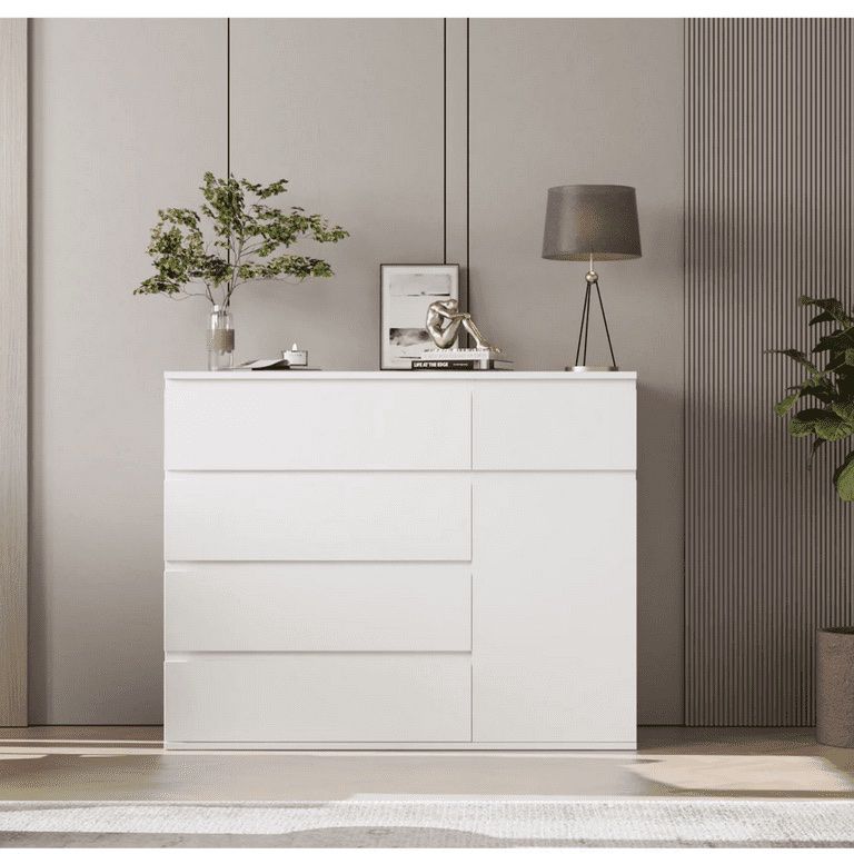  5 Drawer White Dresser with Door, Modern Accent Storage Cabinet Chests of Drawers for Bedroom Living Room