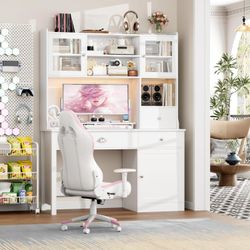 Computer Desk with Hutch and RGB Lights, 65" Office Desk with Power Outlet, Makeup Vanity with 3 Doors & 3 Drawers, White Executive Desks for Home, Wo