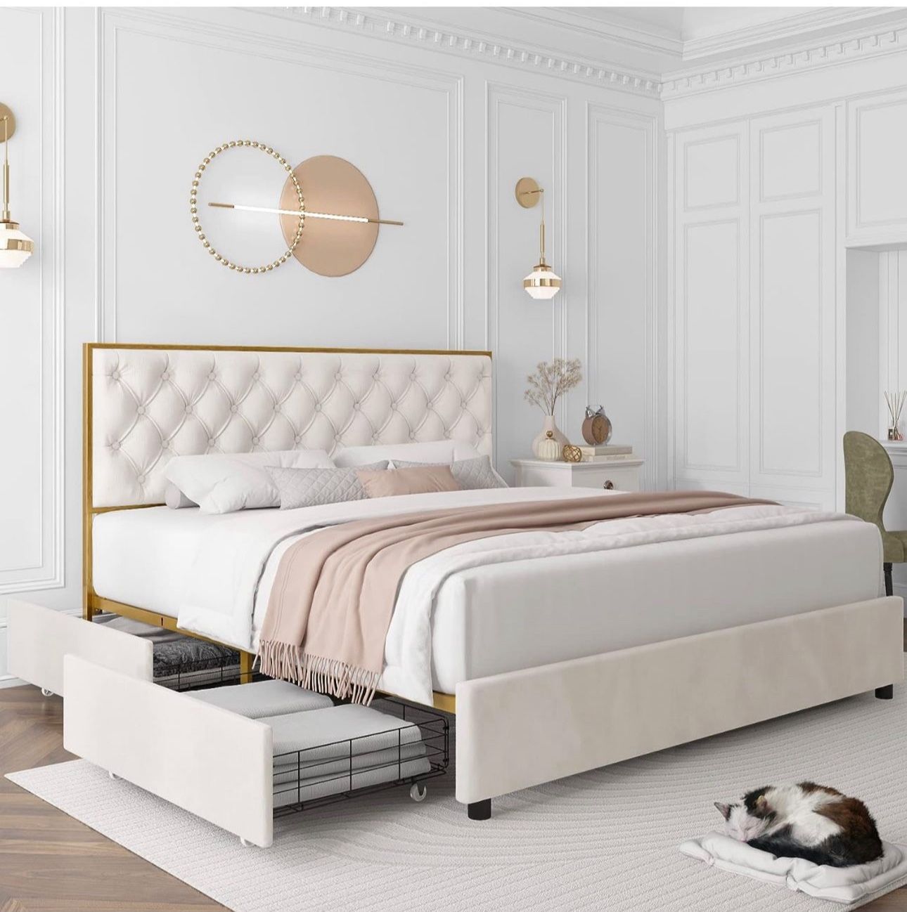HIFIT Full Upholstered Bed Frame with 4 Storage Drawers and Handmade Button Tufted Headboard, Modern Velvet Full Size Platform Storage Bed with Solid