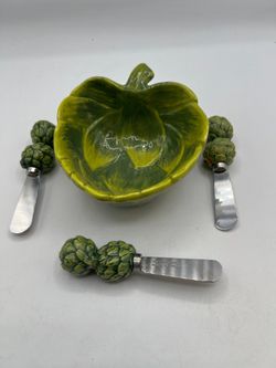 Artichoke Ceramic Dip Bowl with Spreaders Set
