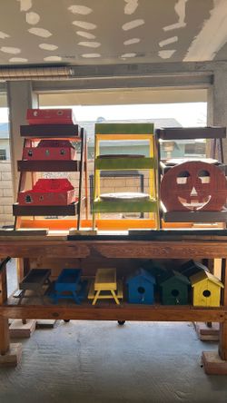 Pumpkin $20, pumpkin holder for candy $15, bird houses $20 bird feeders $15, flower planets $40 all hand made  must pick up