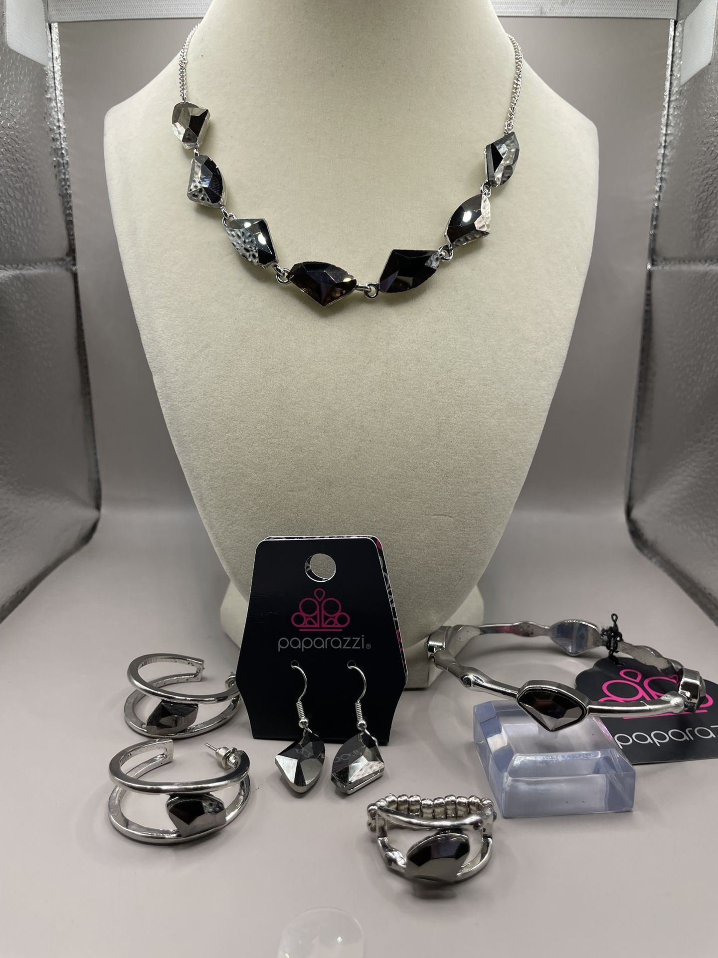 Paparazzi Black Gemstone Necklace, Dangle And Hoop Earrings, Bracelet, And Ring