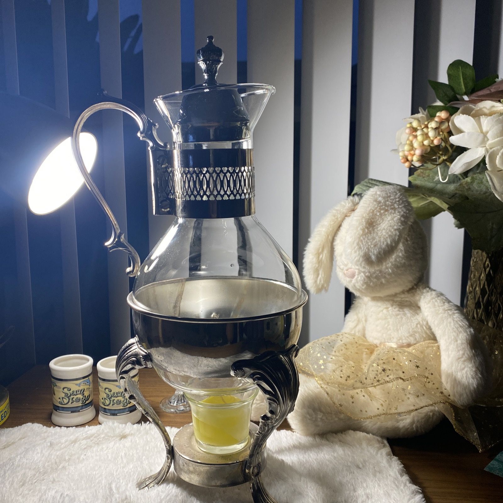 Vintage Silver Plated & Glass Coffee Tea Carafe Pot with Warmer Stand. 8 Cup