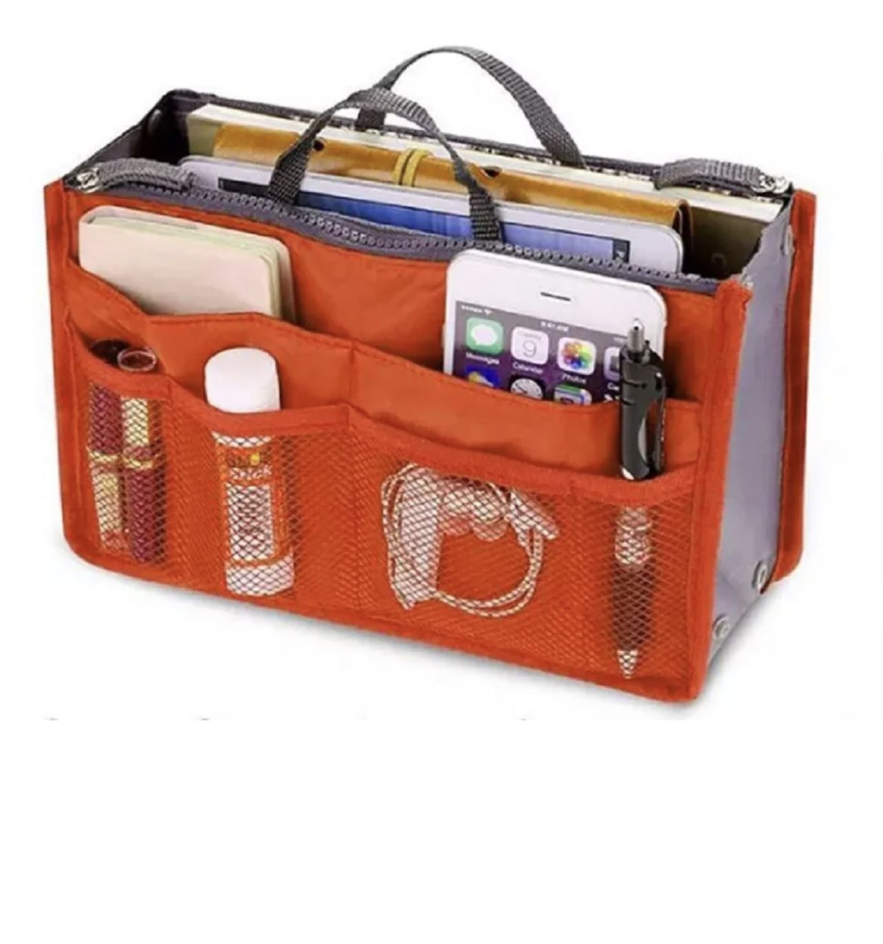 Women Multi-Pocket Travel Handbag Organizer Insert w Zipper Handles Purse Liner Orange