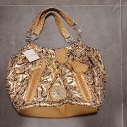 Gold and Brown Shoulder Bag with Ruffled Detailing