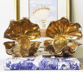 “The World is Your Oyster” Gold Resin and Lucite “Pearl” Bookends - Pair
