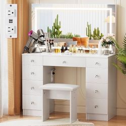 Vanity with Lighted Mirror - Makeup Vanity Desk with Power Outlet and 9 Drawers, 3 Color Lighting Modes Adjustable Brightness, 43" Vanity Table with S