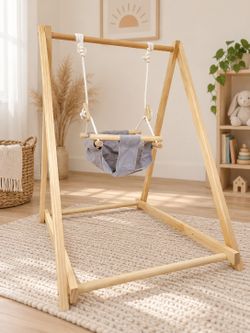 Baby Swing, Foldable, Wooden + Gray