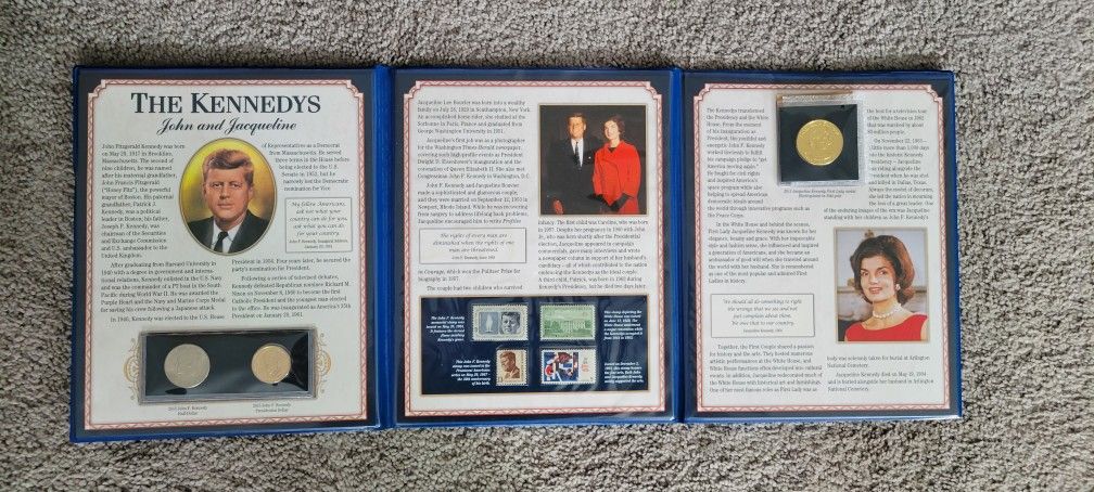kennedy Commemorative folio with brilliant Uncirculated coins and postage stamps