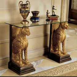 Egyptian Cheetah Console Table Gold Twin Statue Desk Glass Top