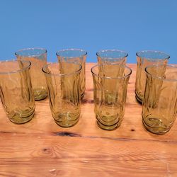 8 Anchor Hocking Colonial Tulip Amber Tumblers Set Vintage Green Tulip Glasses