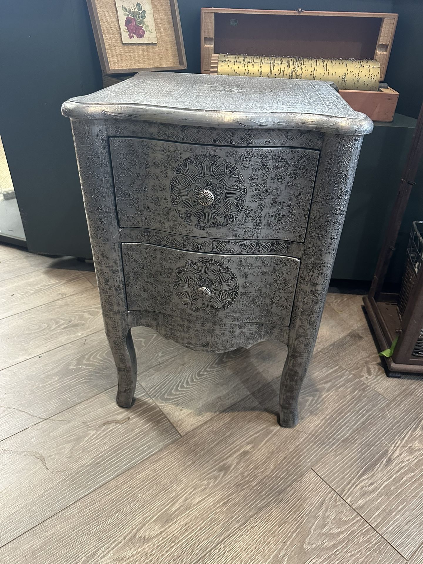 Anthropology (One) side table night stand end table metal embossed grey