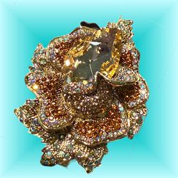 JJ Fantasia  2000s Gold Brown Aurora Borealis Crystal Flower Brooch, 2x2.75”