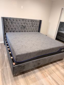 Gray Velvet Tufted King Bed Frame