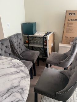 Modern Marble Dining Table + 4 Gray Velvet Chairs