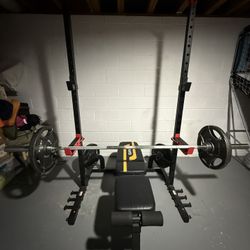 🔥 FULL Home Gym Setup – Squat Rack + 300 lb Olympic Plates + Adjustable Bench – $500 (Pickup Only) 🔥