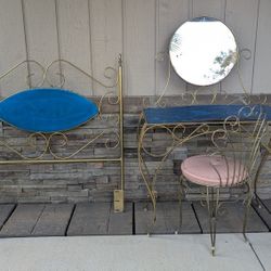 Vintage brass twin size headboard and vanity with stool