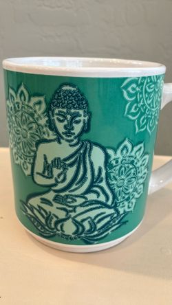 "Happy Buddha" Ceramic Mug - Signature Housewares 2014 - Teal/Green Mandala