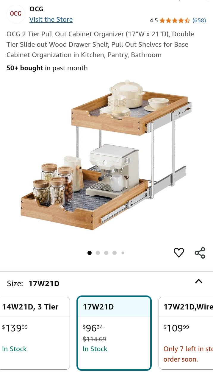 OCG 2 Tier Pull Out Cabinet Organizer (17"W x 21"D), Double Tier Slide out Wood Drawer Shelf, Pull Out Shelves for Base Cabinet Organization in Kitche