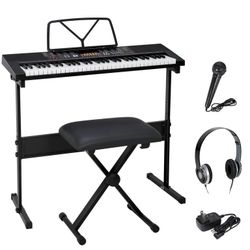 61-Key Portable Electronic Piano LED Display Keyboard Kit W/ Music Stand, Headphones, Microphone, Black