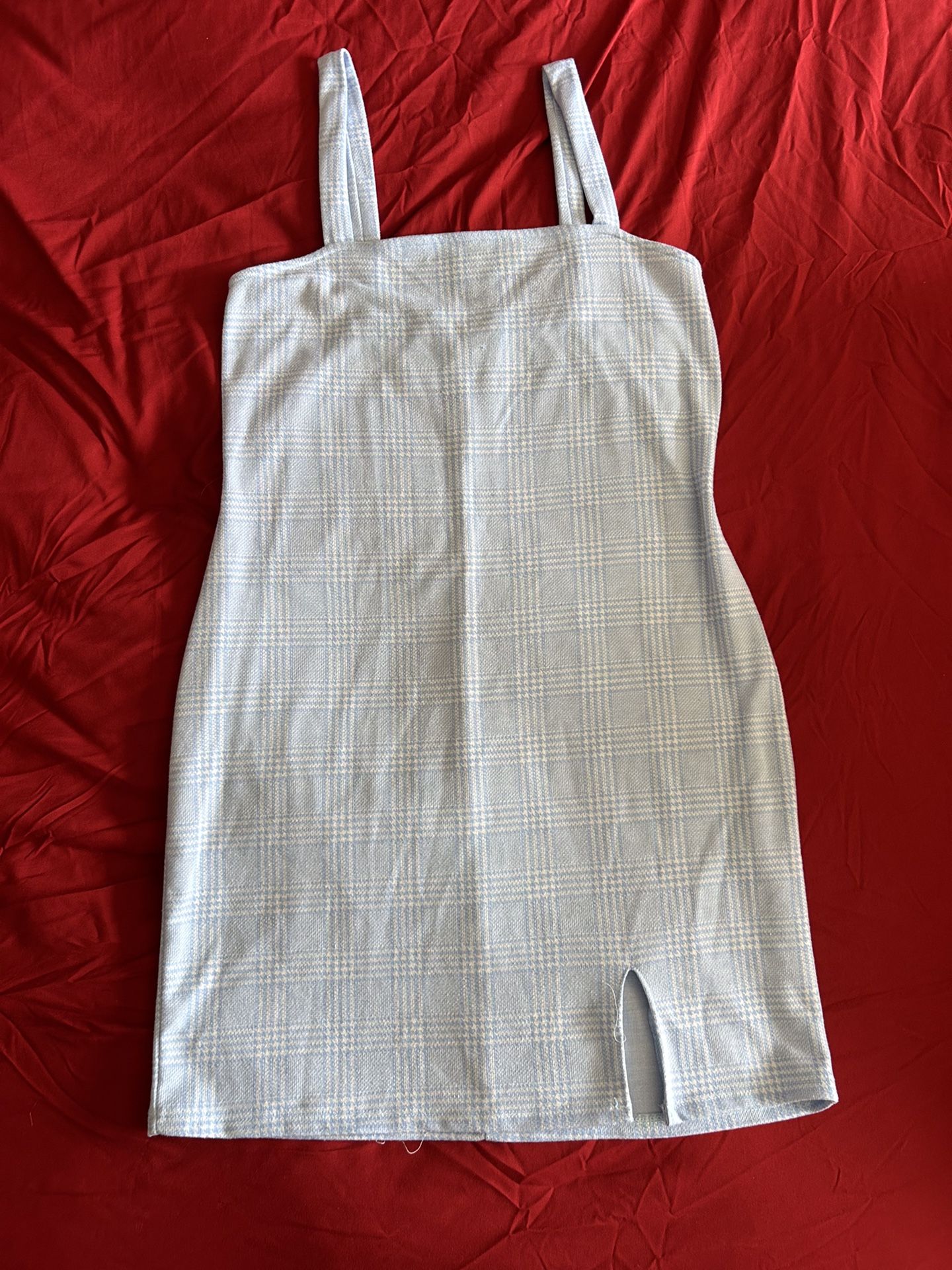 Baby Blue And White Tank Top Bodycon Plaid Dress
