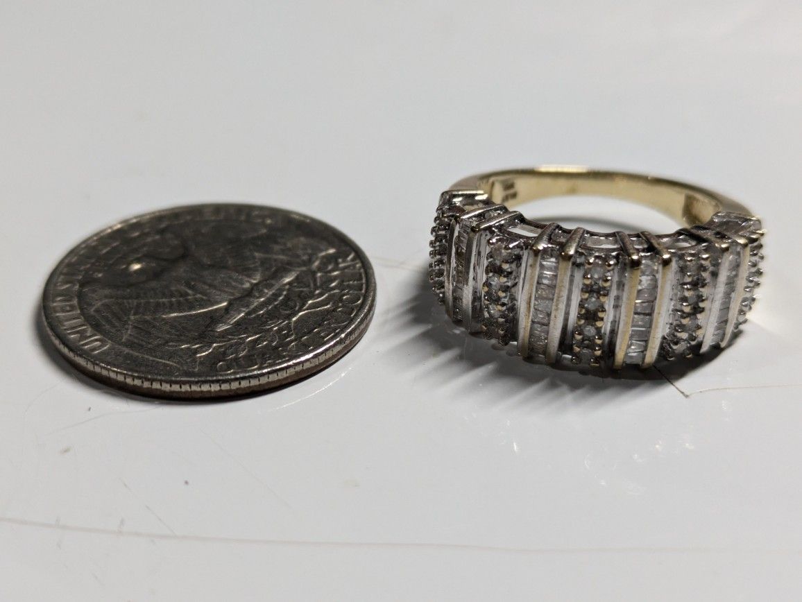 Wedding , 10K Large Baguette Diamond, Alternating Stones Round to Large, Size 7