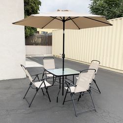 (Brand New) $140 Outdoor 6pcs Patio Set with 32x32” Table, 4pc Folding Chairs and 10ft Tilt Umbrella