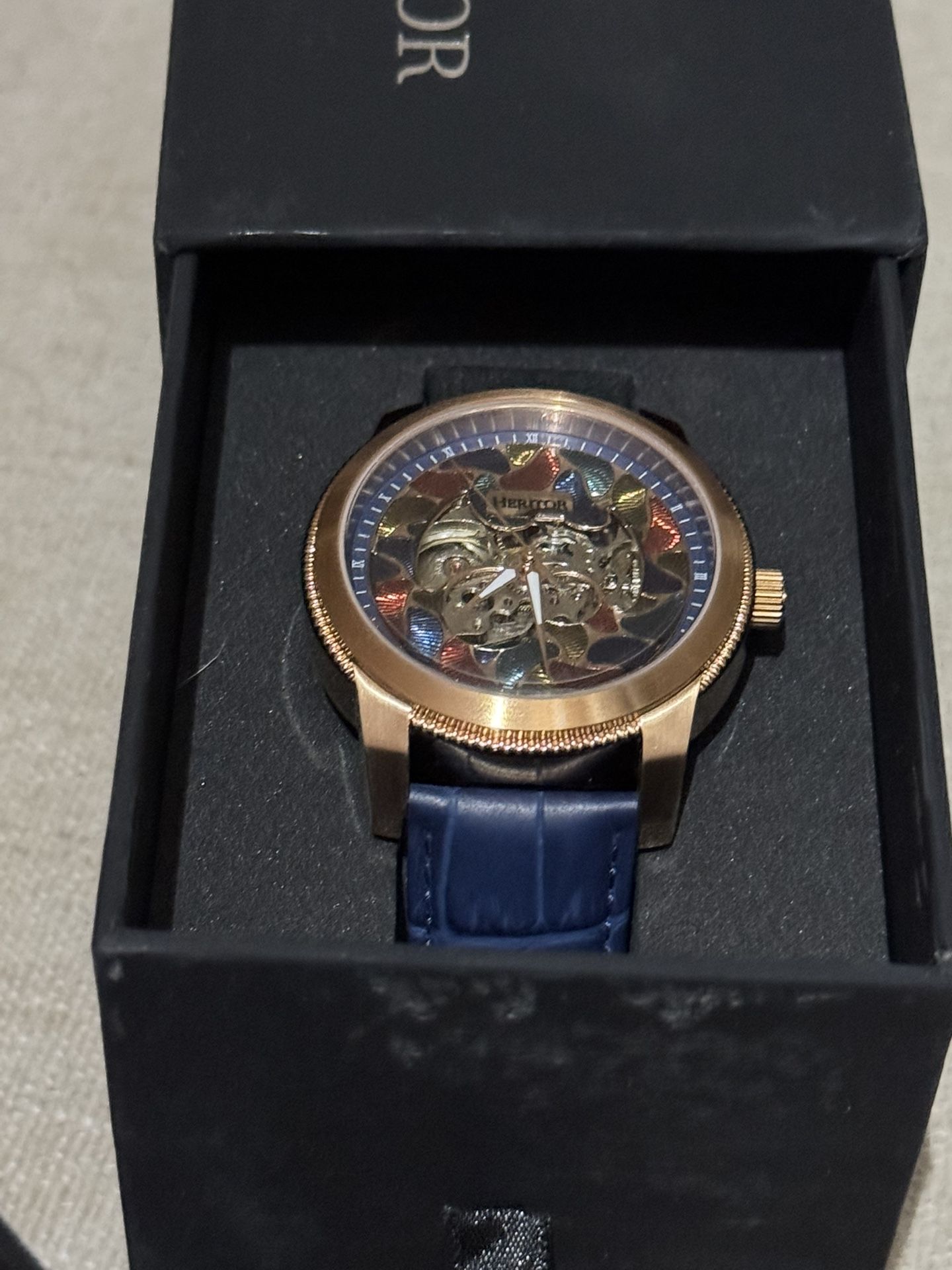 Heritor Automatic Emmanuel Semi-Skeleton Leather-Band Watch - Rose Gold/Blue