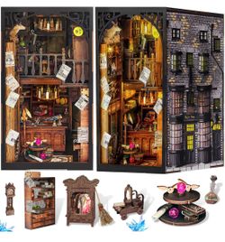 DIY Book Nook Kit, 3D Wooden Puzzle Miniature Booknook Bookend Bookshelf Decor with LED Light, Dust Cover, Book Nook Kits for Adults Teen Ideas