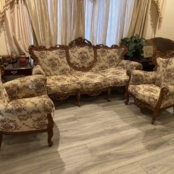 Vintage 1980s 3 Piece Couch Set (French Wood) (re-upholstered)