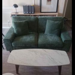 Green Fabric Loveseat with Throw Pillows