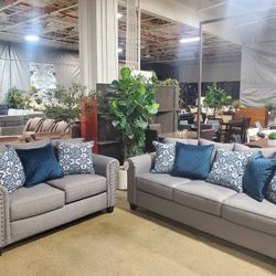Beautiful 2 pc  Gray sofa love seat with nailheads (New)Also in a gray fabric too