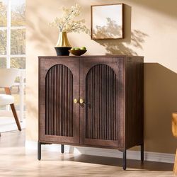 34" Tall Modern Arched Sideboard Buffet Cabinet with Storage, Brown Fluted Arch Sideboard Cabinet w/Adjustable Shelves, Wooden Modular Kitchen Cabinet
