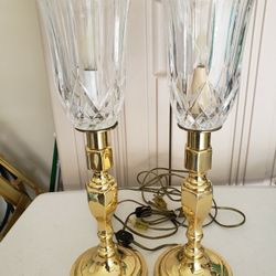 Vintage Gold Brass Candlestick Torchiere Lamps Cut Crystal Globe 16.5" Tall