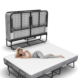 Folding Bed with Mattress 75 x 54 Full Size for Adults Rollaway Bed Fold Up Foldable Portable Extra Large Spare Guest Beds on Wheels
