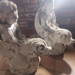 Concrete   Fountain Statues  Boy On A Fish  (Pair)