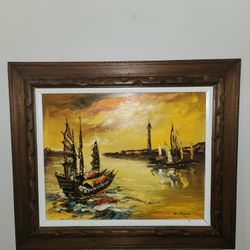 Framed Impression Painting by Jim Greene of Sailboats in the Sunset