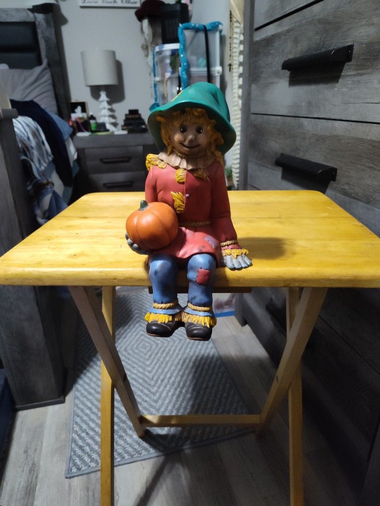 Hand Painted Ceramic Scarecrow With Pumpkin Shelf Sitter Halloween Fall Vintage