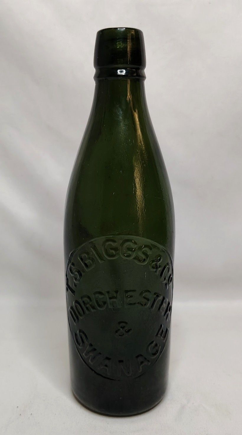 Antique Black Green Glass Bottle T.S. Biggs & Co. Dorchester & Swanage Dorset