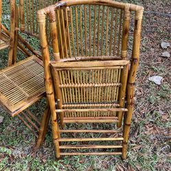 4 English Mid Century Scorched Bamboo & Rattan Folding Side Chairs Slatted Backs