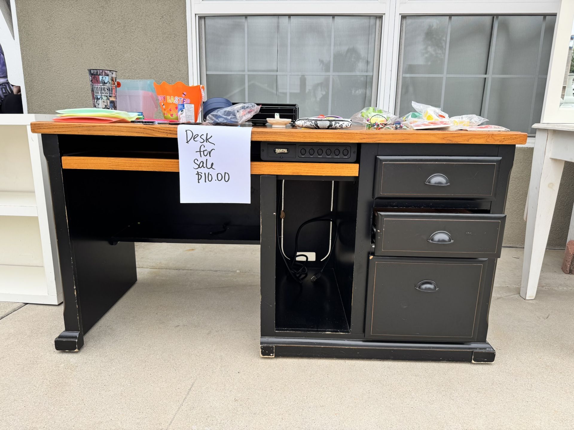 Wooden Desk With Two Drawers And File Cabinet