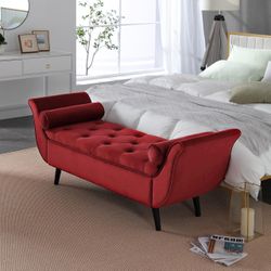 Red Velvet Tufted Storage Bench with Rolled Arms