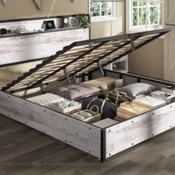 Full Lift Up Storage Bed Frame with Lifting Storage & Charging Station, White Birch