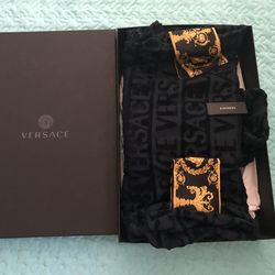 Versace Black Logo Robe with Gold Baroque Trim