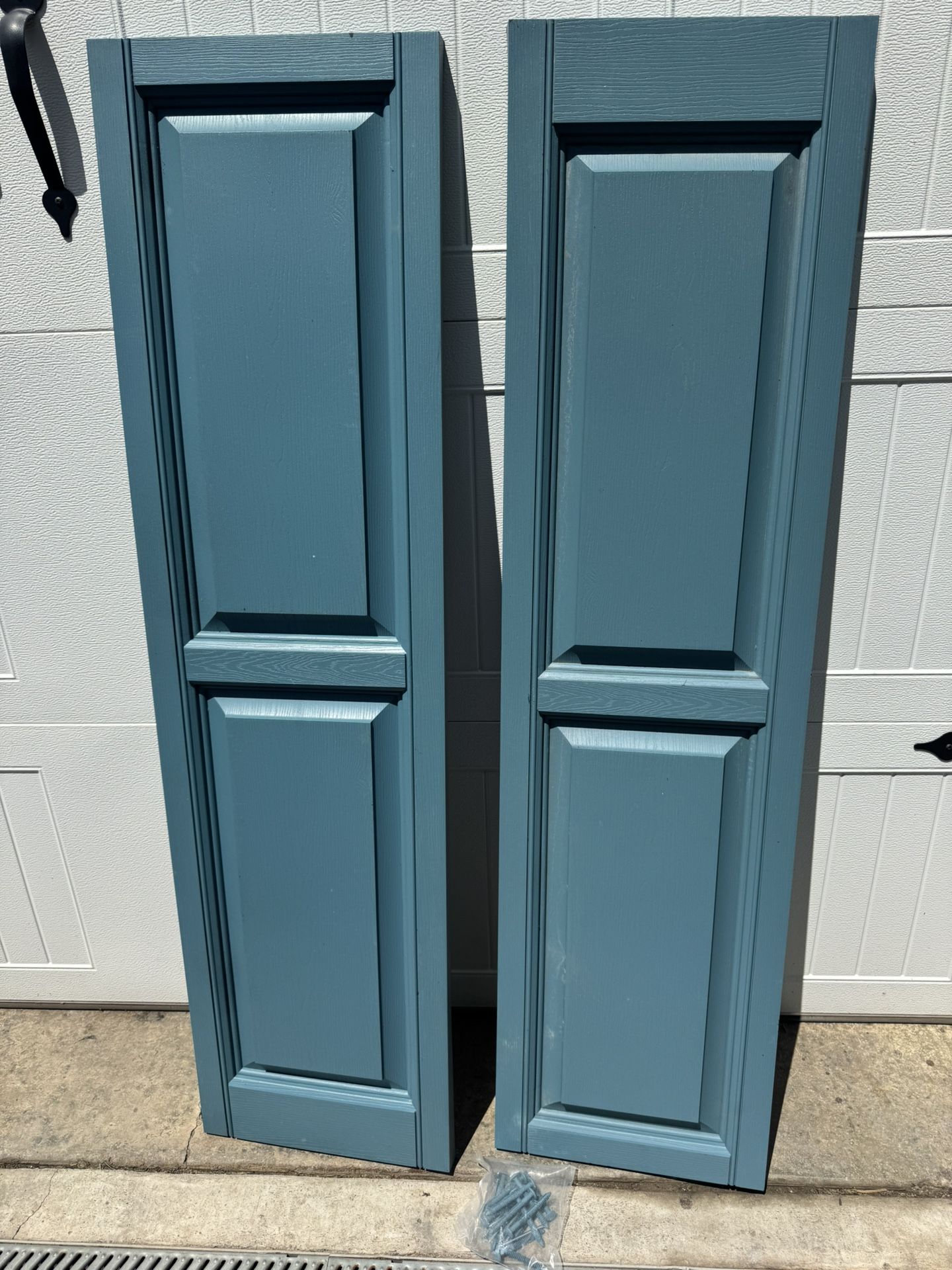 New One Set Of Coastal Blue Vinyl Shutters 15”x 55”. Must Pickup