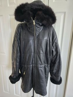 Black Leather Jacket with Fur Hood and Cuffs
